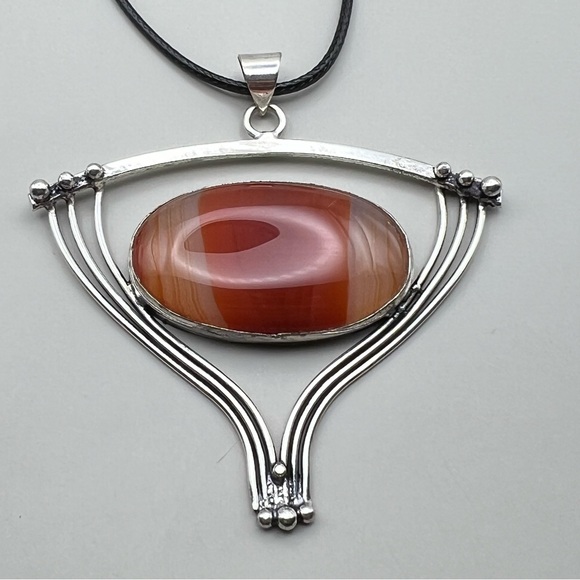 New Large Unique Orange Sardonyx Agate Silver Overlay Stone Pendant Necklace - Picture 9 of 9